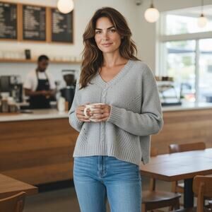 Sonoma Grey Cable Knit Sweater Size L V-Neck Cabincore Academia Classiccorp